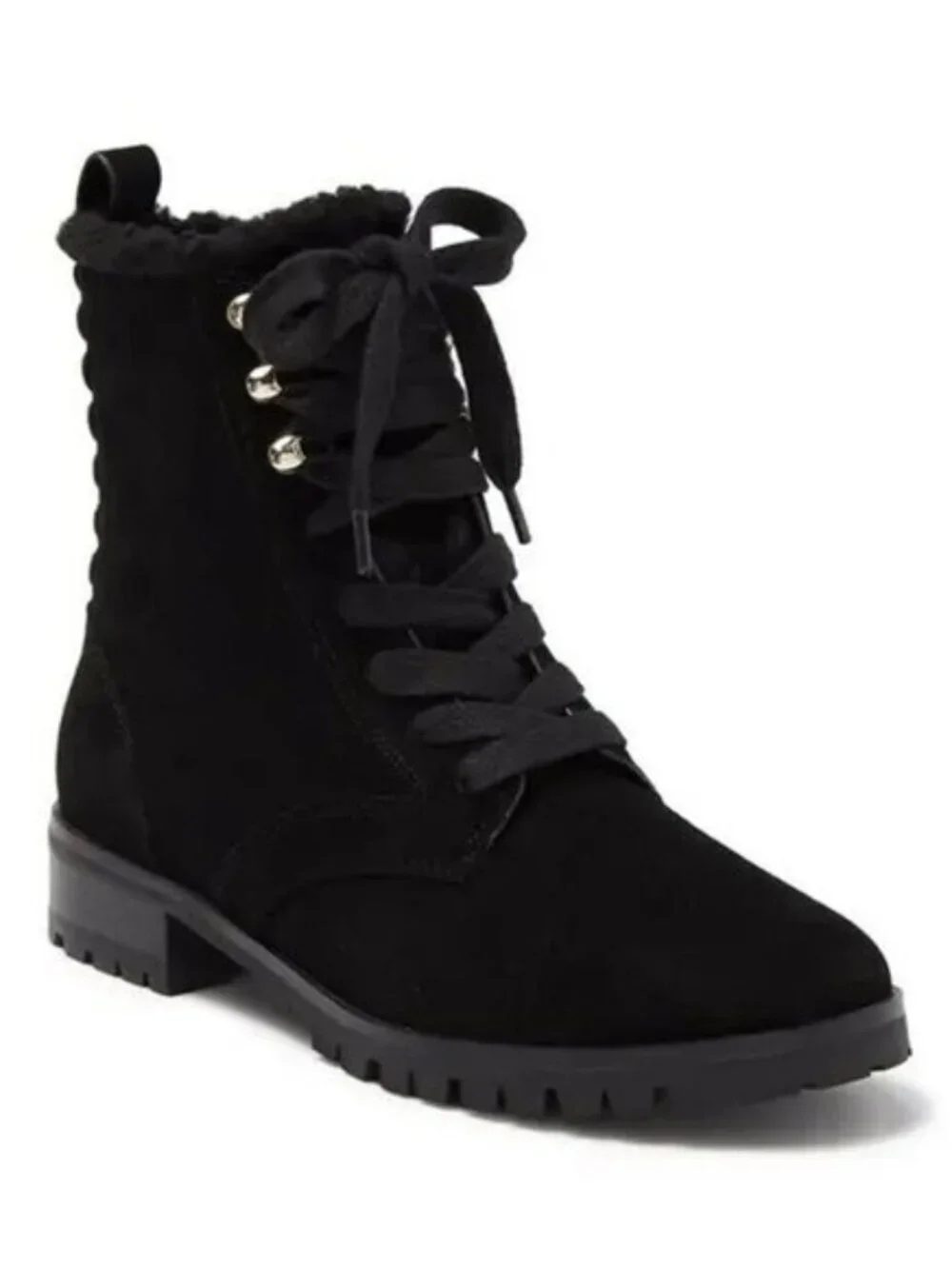 KATE SPADE Black Suede RAEGAN Shearling Combat Boots Lug Sole Women's Size 8.5